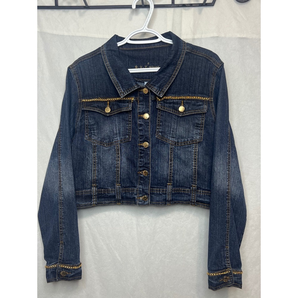 R.V.T Jeans Co Women 1X Dark Wash Cropped Denim Jacket Gold Chain Accents
